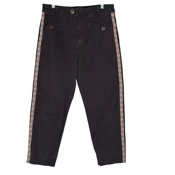 Anthropologie Sz 10 Embroidered Side Stripe Black Straight Leg Pants Aztek Boho - Picture 1 of 14